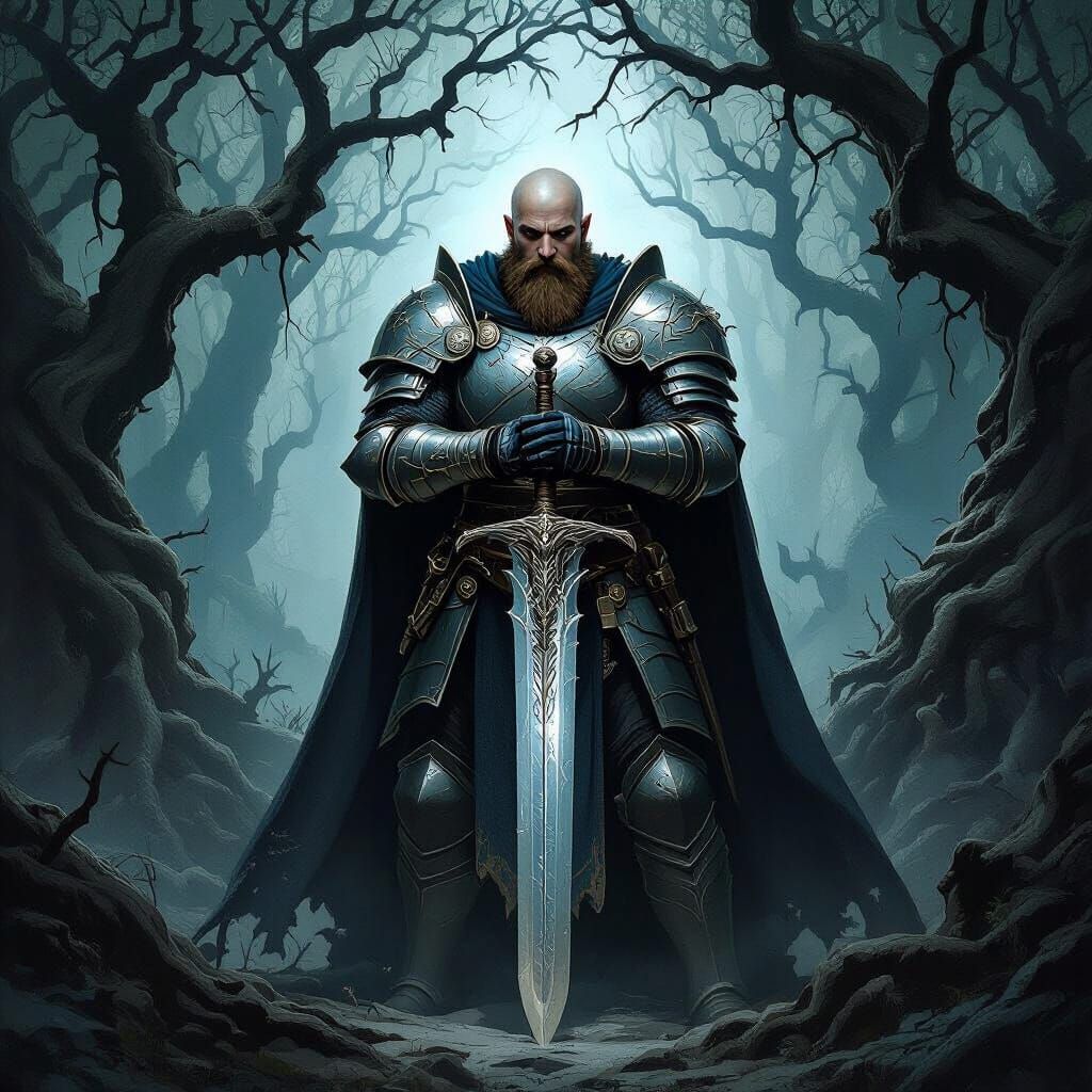 Bald Paladin with Beard Holds Sword in Spooky Forest
