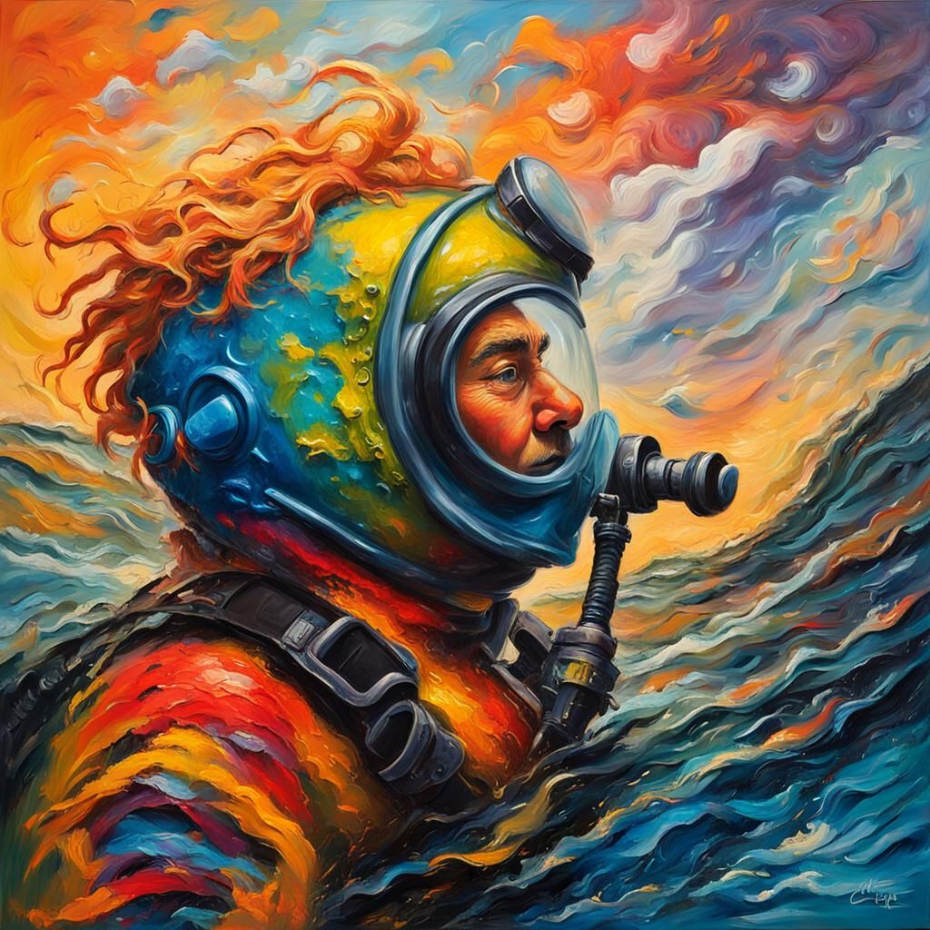 Expressionist Painting of Kisses to Frogmen in Scuba Gear