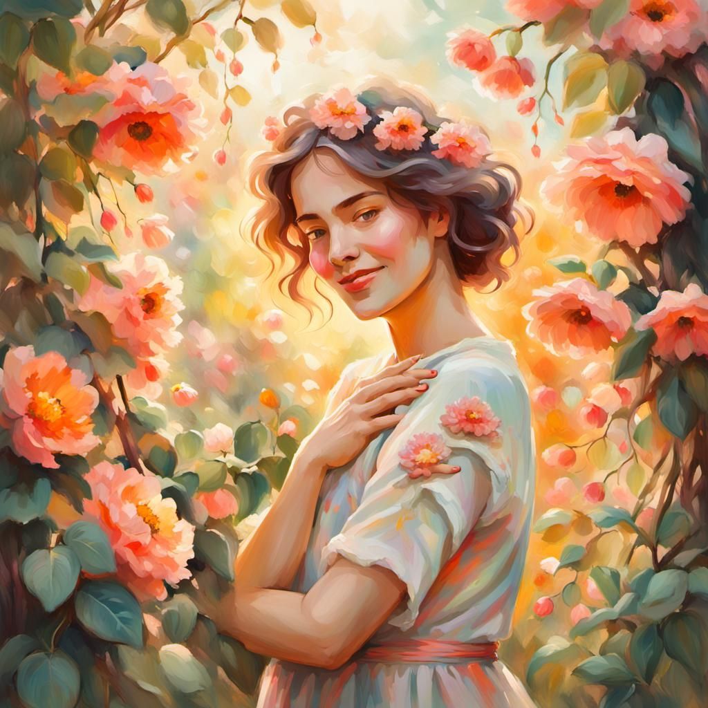 Woman Embracing Self in Expressionist Floral Garden