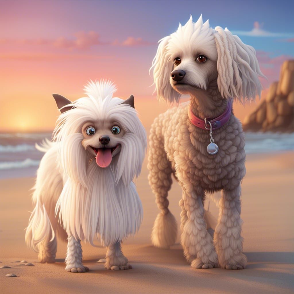 Dogs on Beach in Cartoon 3D Style