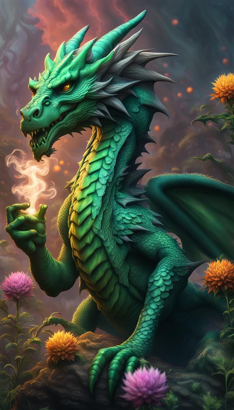 Green Dragon Smoking Weed, Detailed Fantasy Art