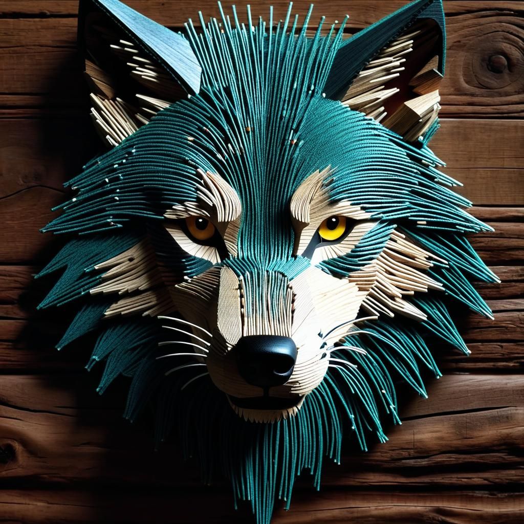 String Art Timber Wolf on Wood, Cinematic Style