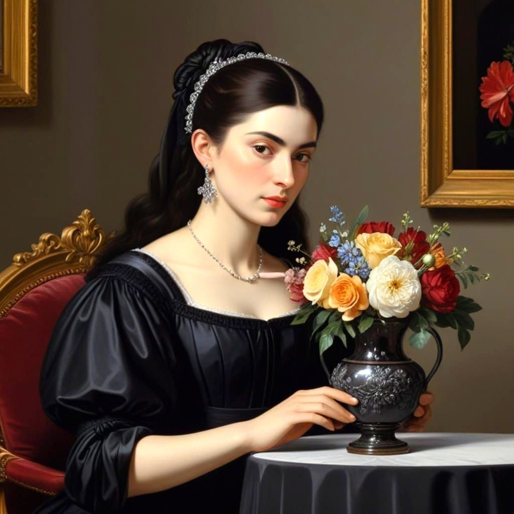 Baroque Lady Arranging Flowers: A Caravaggio-Inspired Portra...