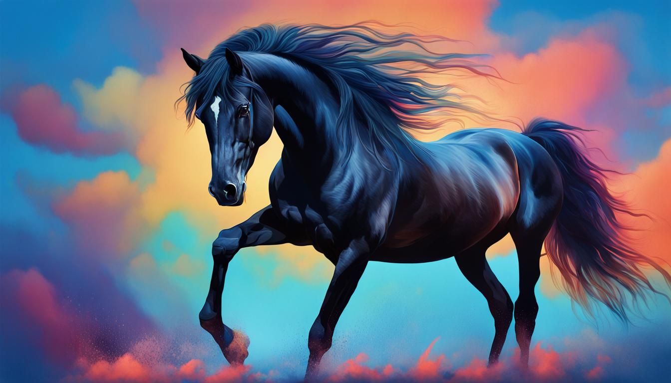 Black Horse with Drooping Head in Splash Art Style