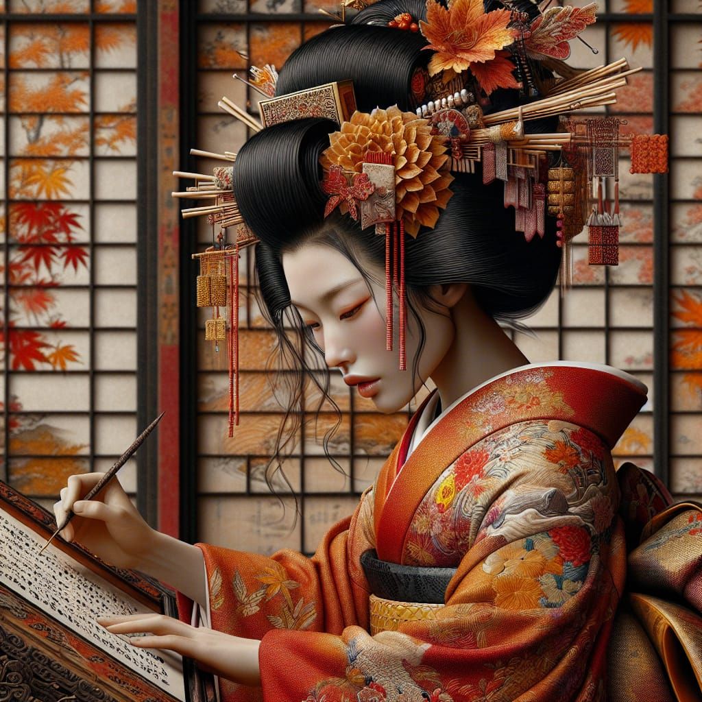 Edo Period Goddess of Poetry in Autumn Splendor