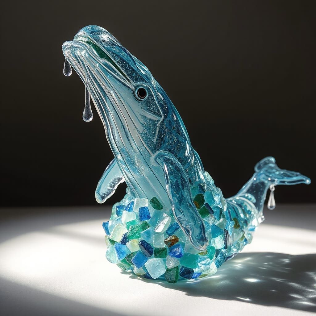 Glass Whale Sculpture with Sea Glass Colors