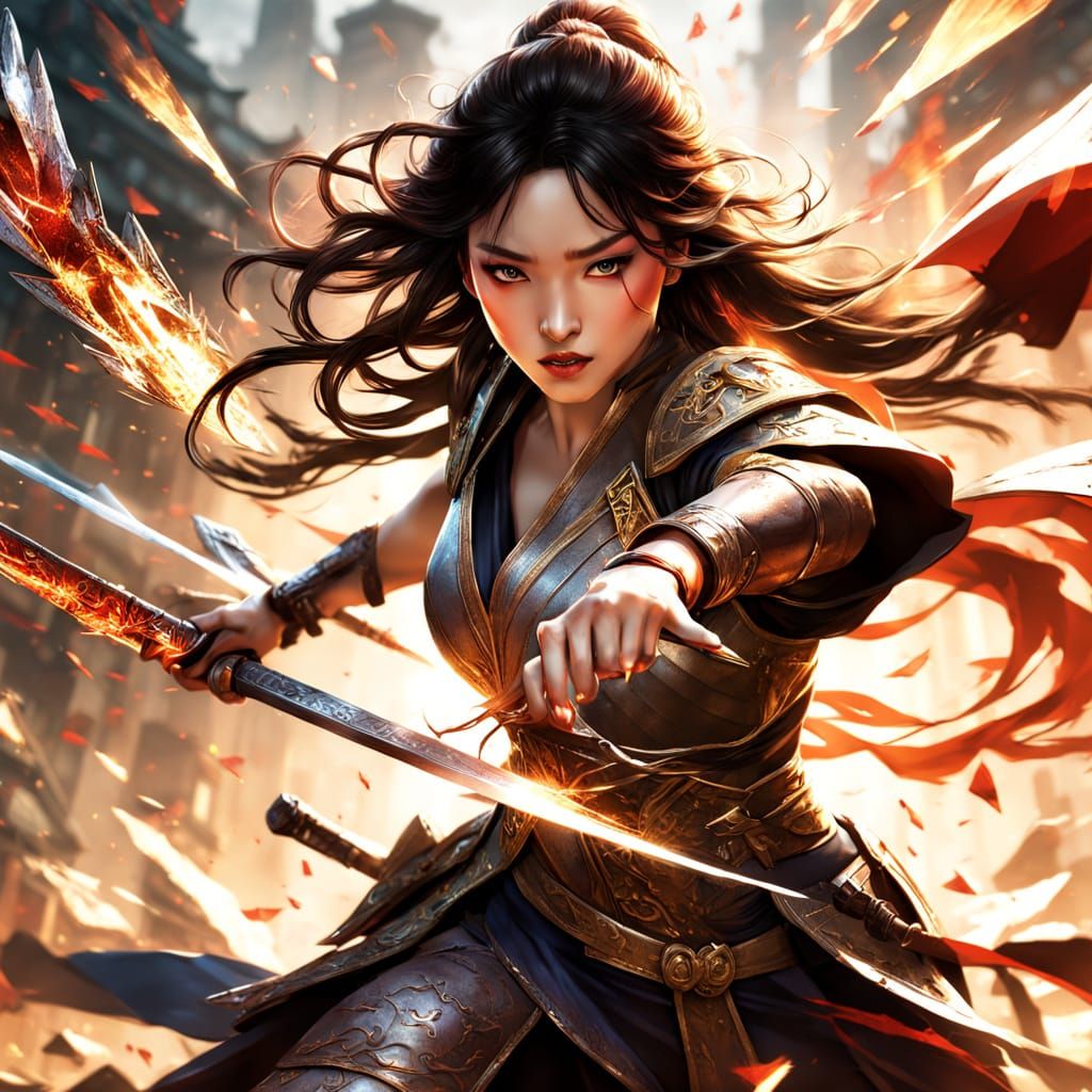 Chinese Warrior Woman Unleashes Fury Amidst Shattered Glass