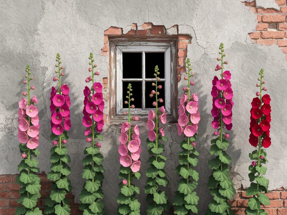 Colorful Hollyhocks Against Weathered Concrete Wall