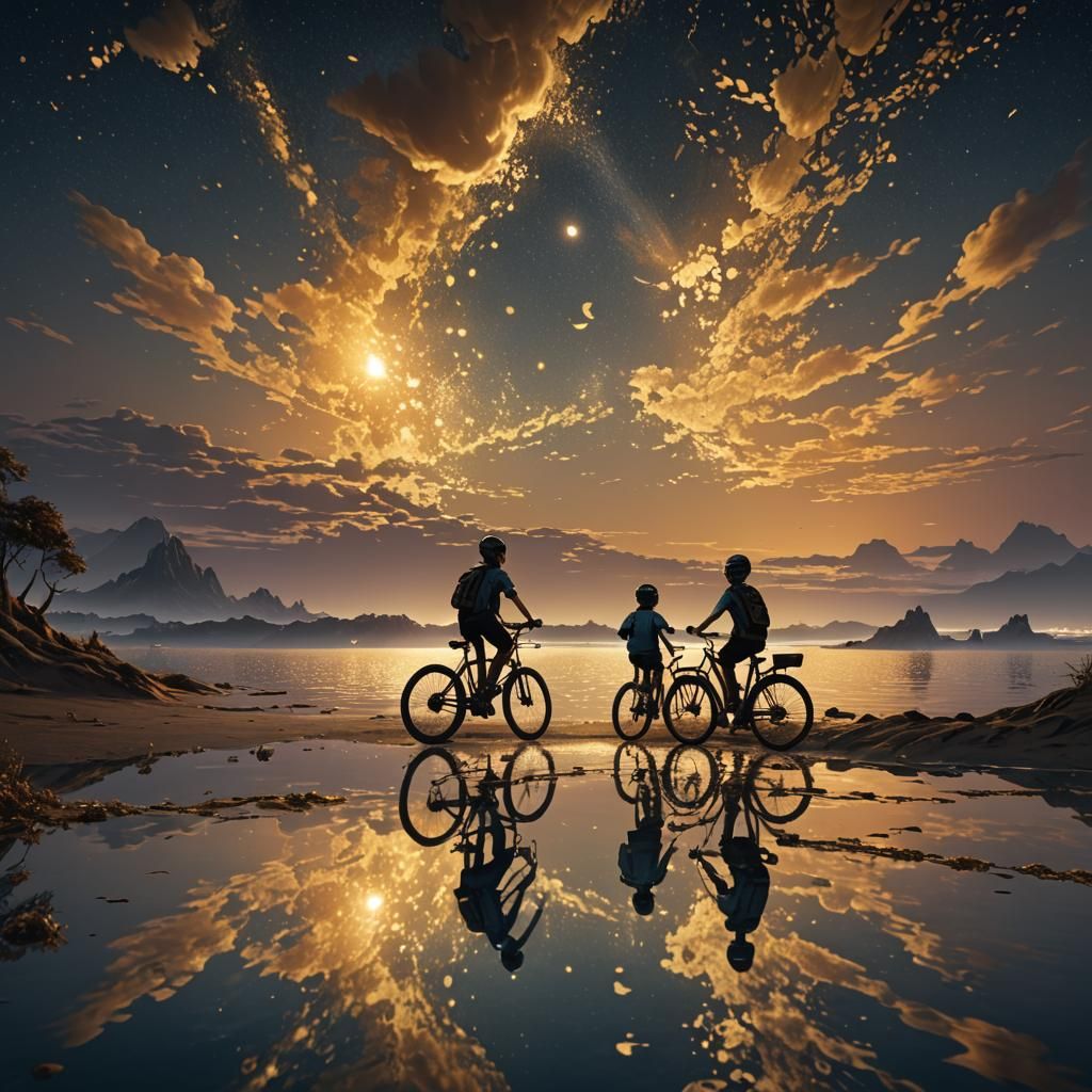 Children Cyclists Reflected in Golden Ocean