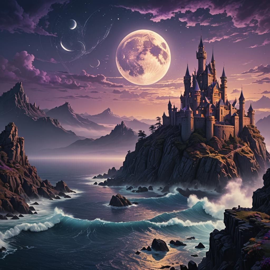 Chaotic Moon Castle Seascape in Digital Art Style