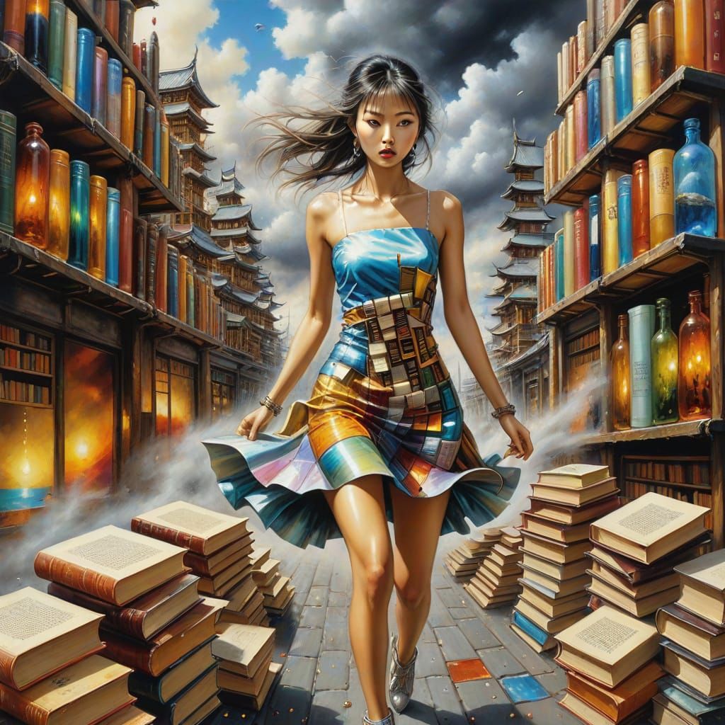 Woman Escapes City of Books, Surreal Oil Painting