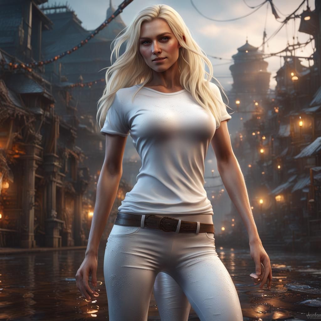 woman, white, tight wet T-shirt, long blond hair, smile, pumps,