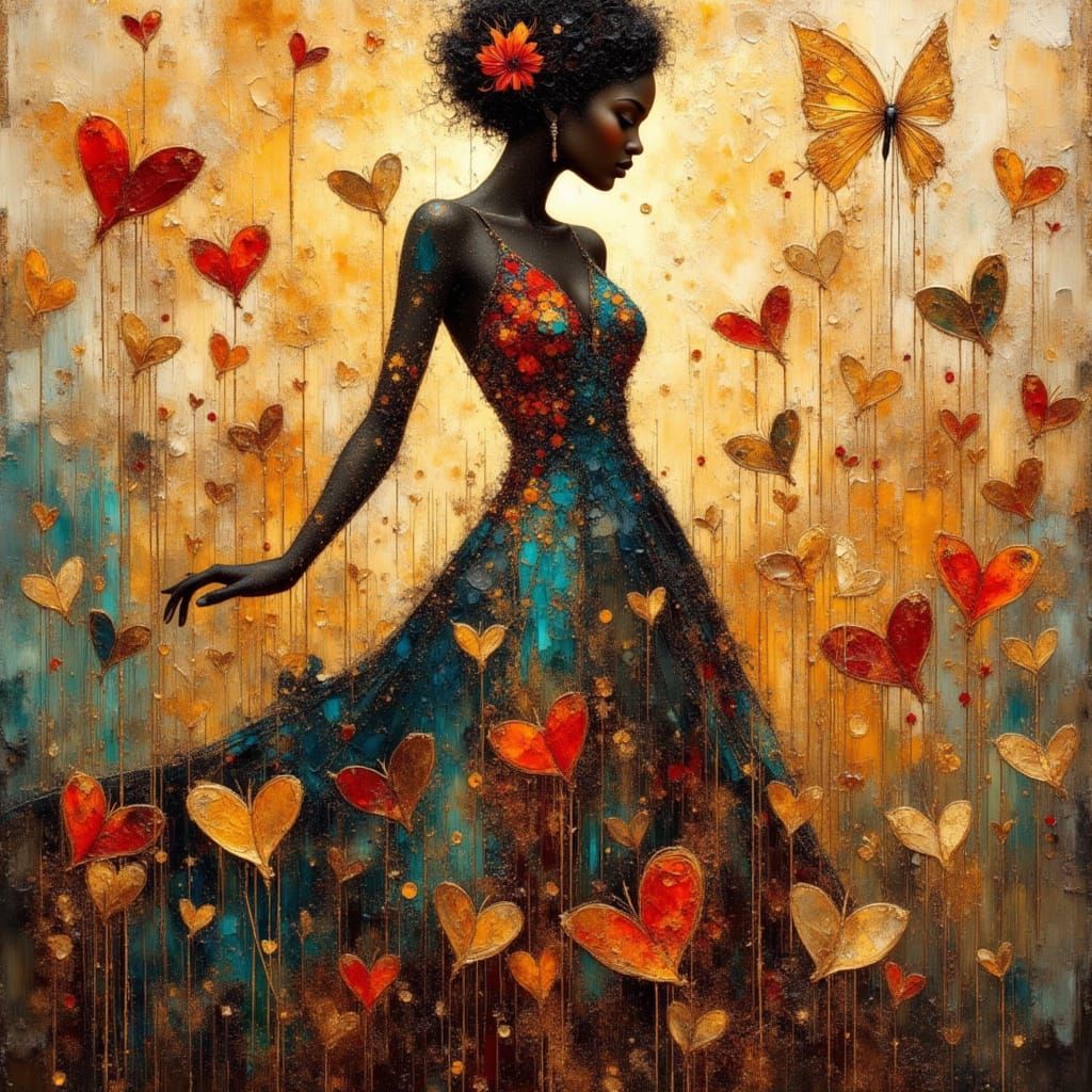 African Princess Silhouette with Hearts in Impasto Style