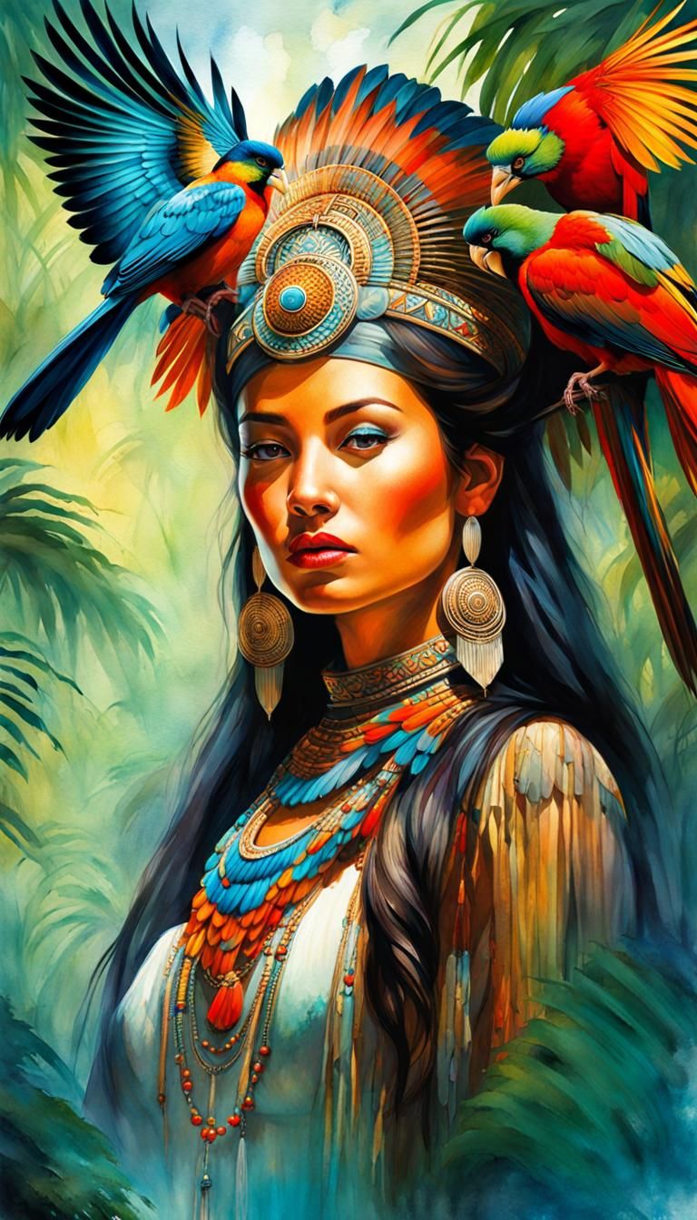 Mayan Princess in Watercolor Fantasy Portrait
