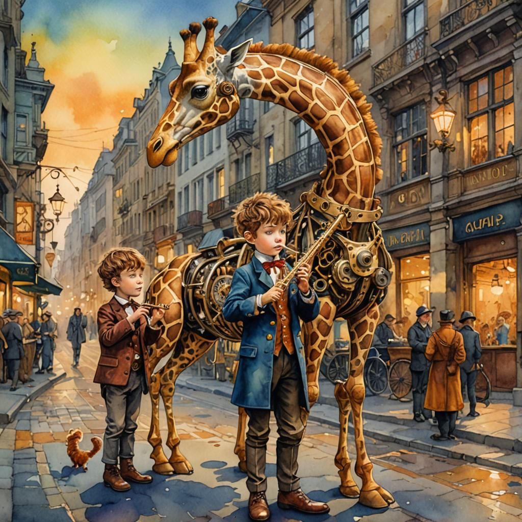 Steampunk Giraffe Serenade: Watercolor Art Nouveau Scene