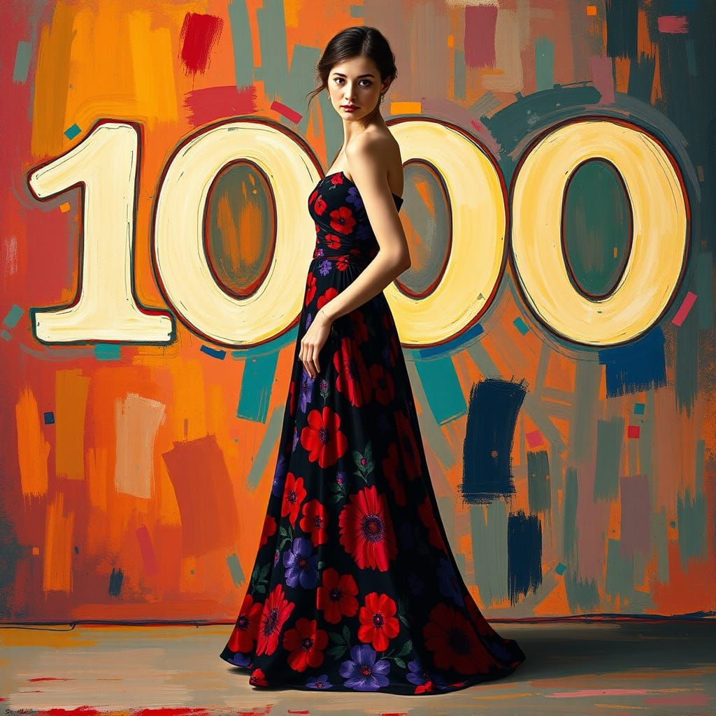 Floral Dress Woman with Fauvist Number Painting