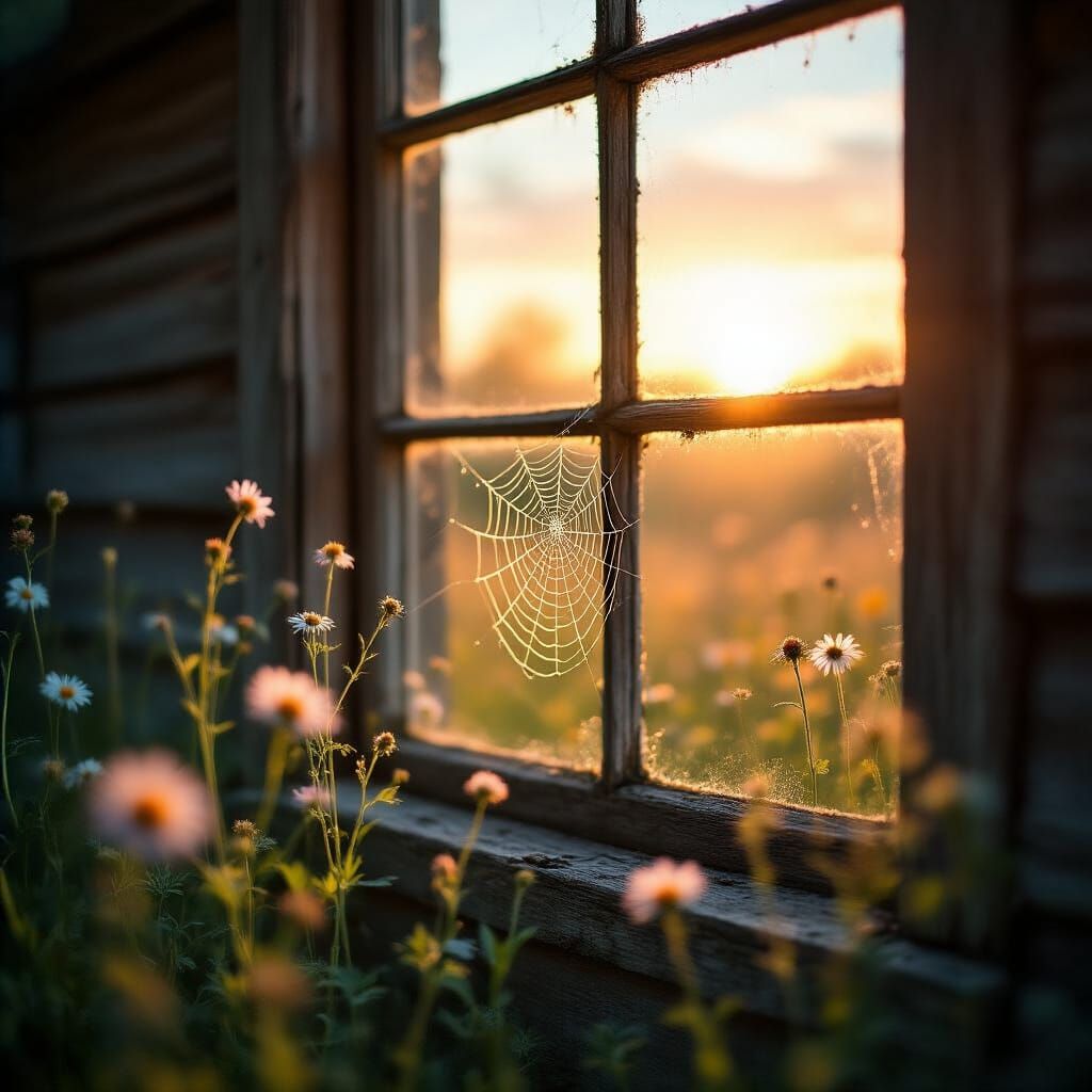 Sunlit Spiderweb in Cozy Home and Meadow Scenes