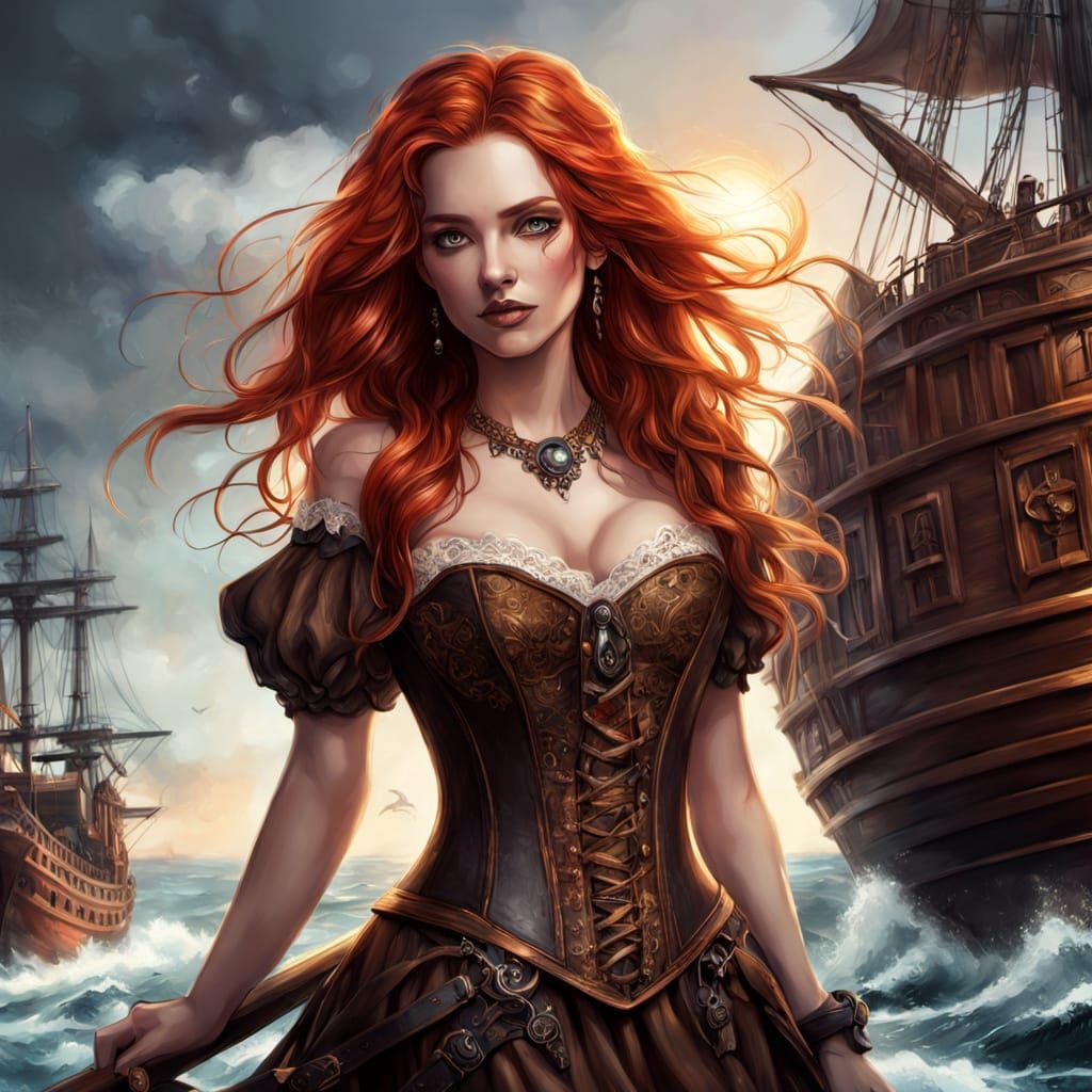 Red-Haired Pirate Woman on Ship: Fantasy Digital Art