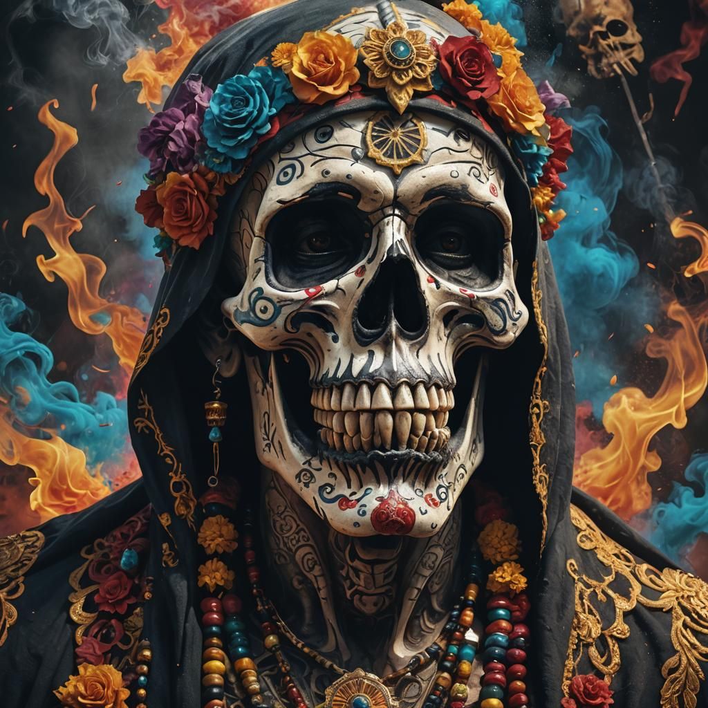 Santa Muerte Figure in Hyperrealistic Splash Art