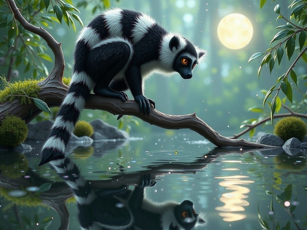 Majestic Catta Lemur in Lush Jungle Landscape, in a Dreamlik...