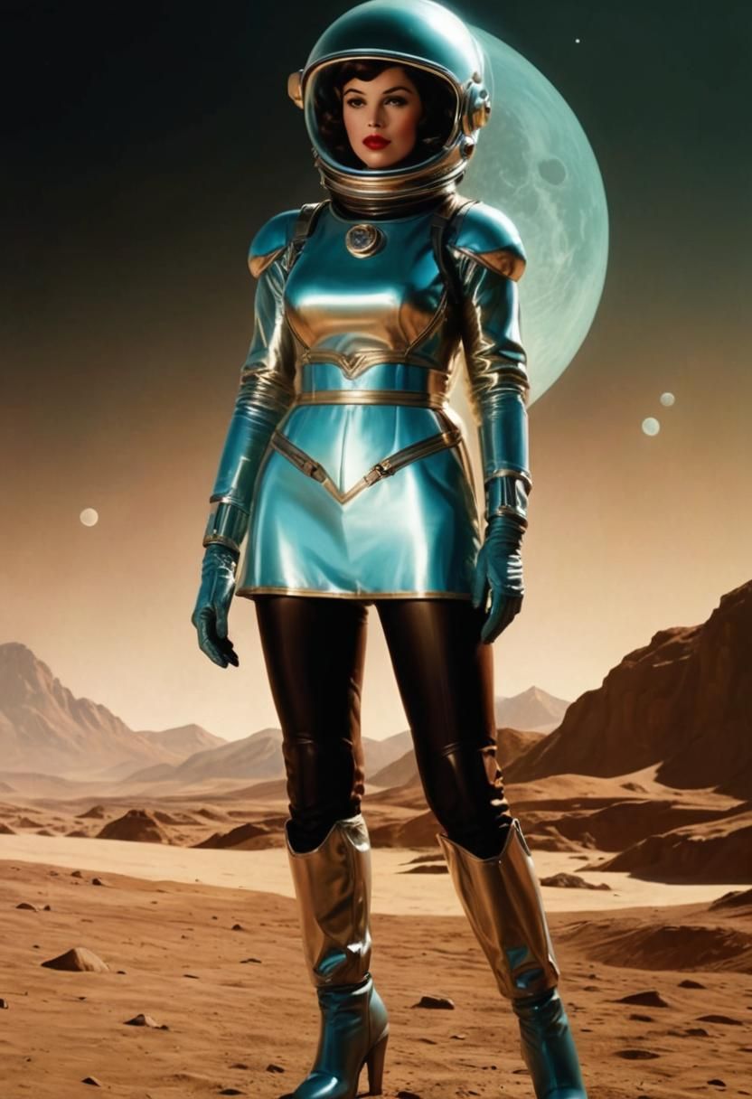 Retro Sci-Fi Brunette Astronaut on the Moon