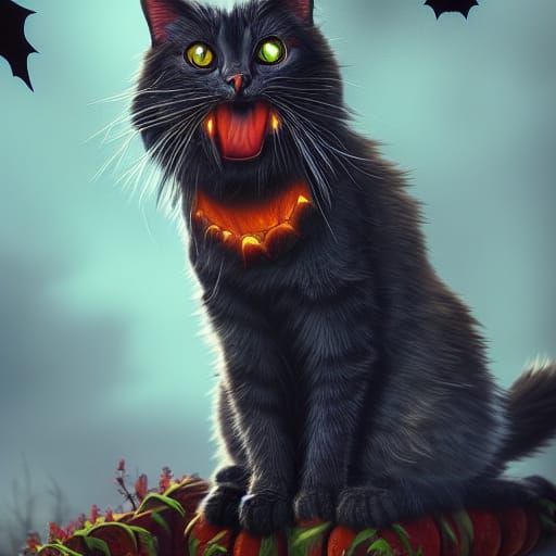 Fantastical Halloween Cat in Detailed Digital Painting