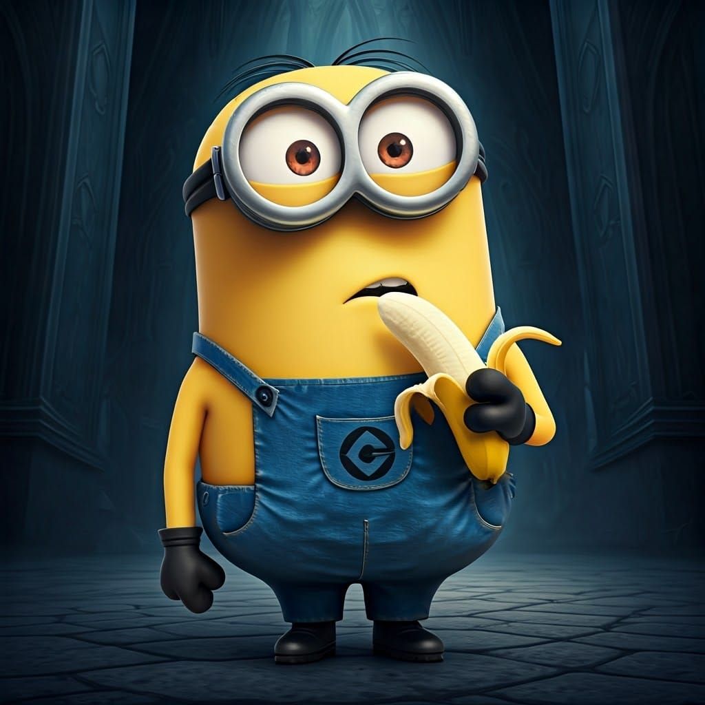 Vibrant Minion Takes a Bite of Banana in Gru's Gothic Abode