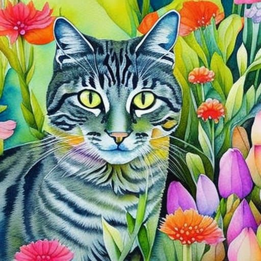 Cat in Flower Garden: Watercolor Art Creation
