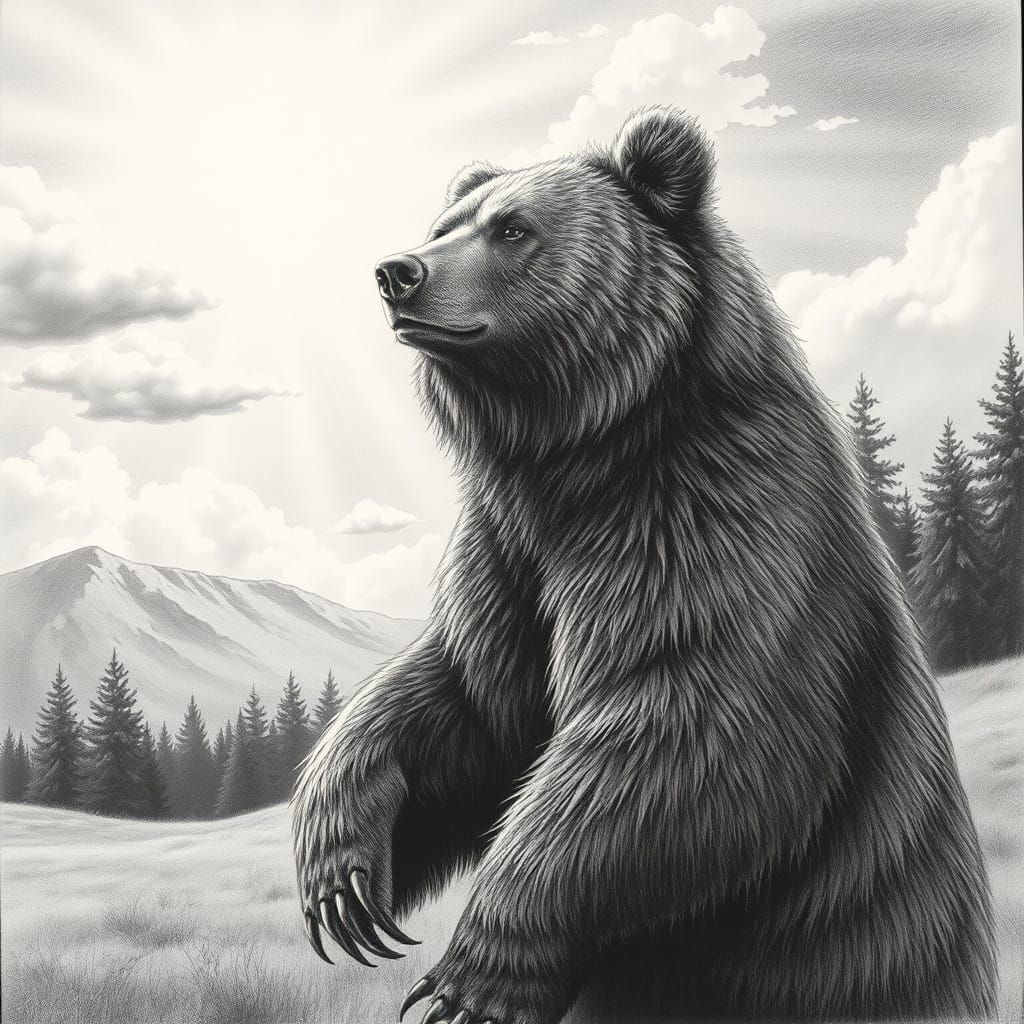 Majestic Bear in Serene Landscape with Divine Sunshine