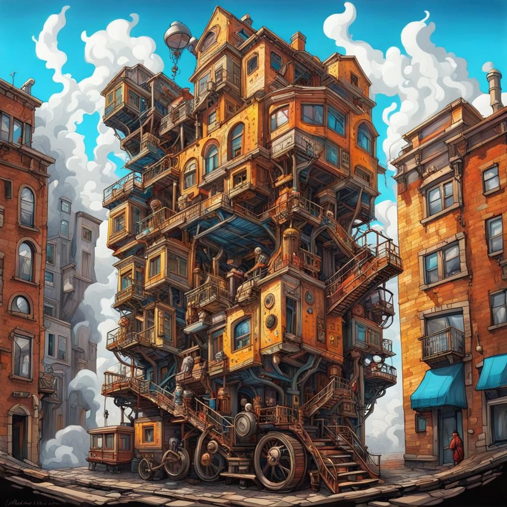 Escher-Style Building with Steampunk Engine Graffiti Art