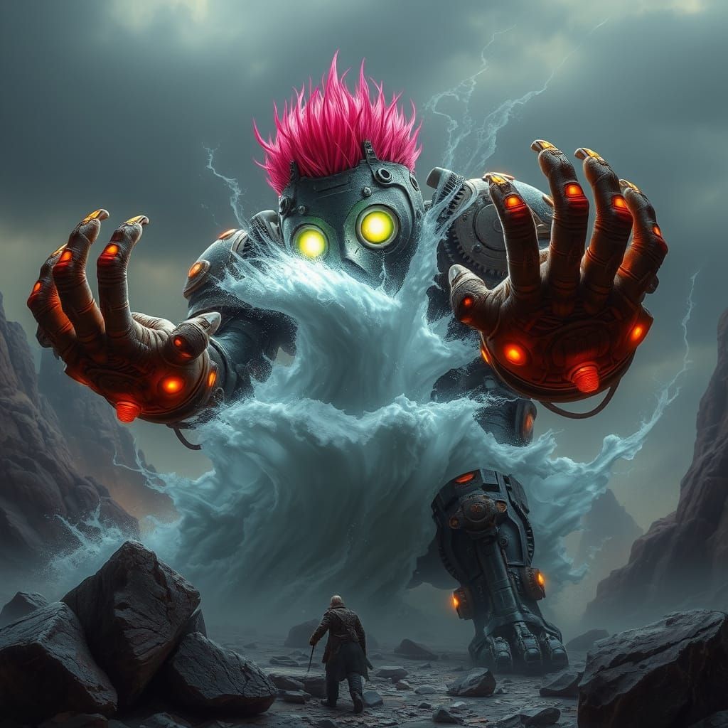 Dieselpunk Golem Calming a Storm in Dark Fantasy Style