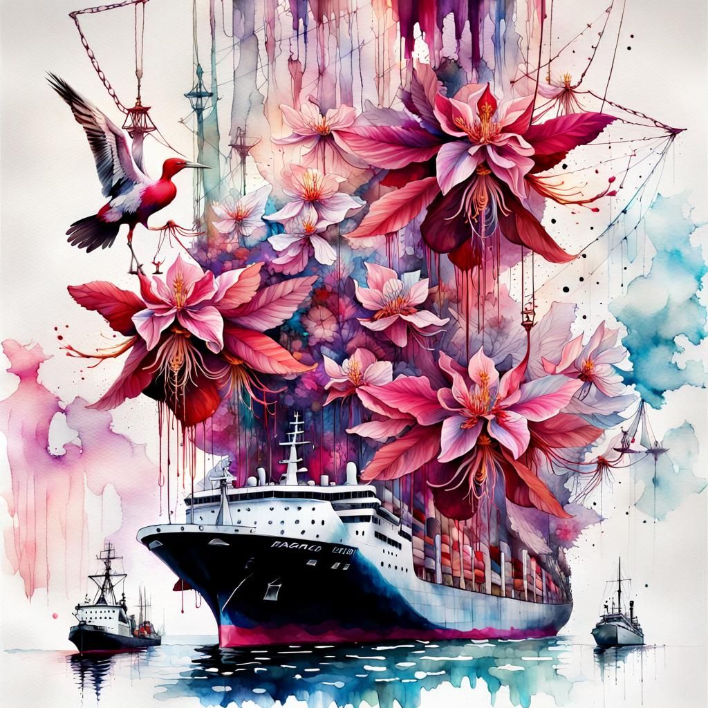 Blooming Fuchsias and Ships in Double Exposure Watercolor