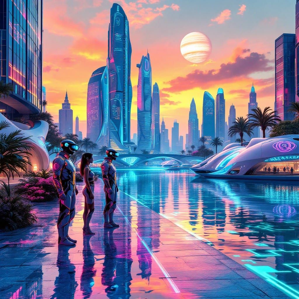 Serenely Futuristic Cityscape with Iridescent Skyscrapers an...