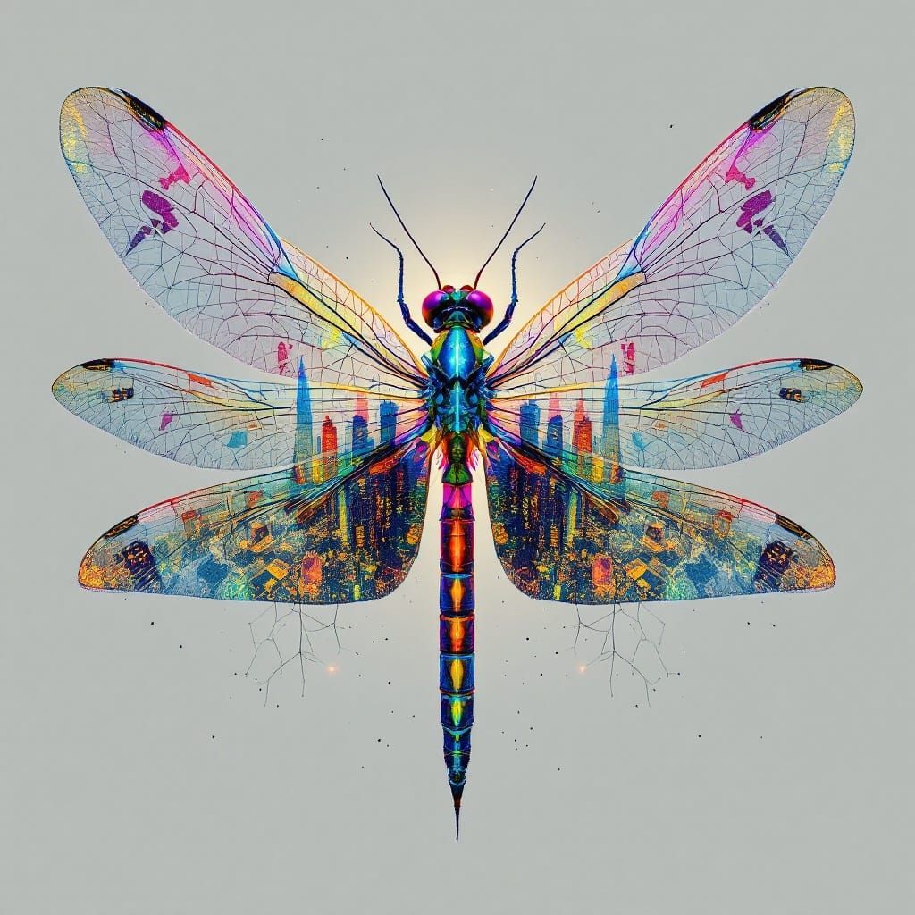 Ethereal Cityscape Dragonfly in Vibrant Iridescence