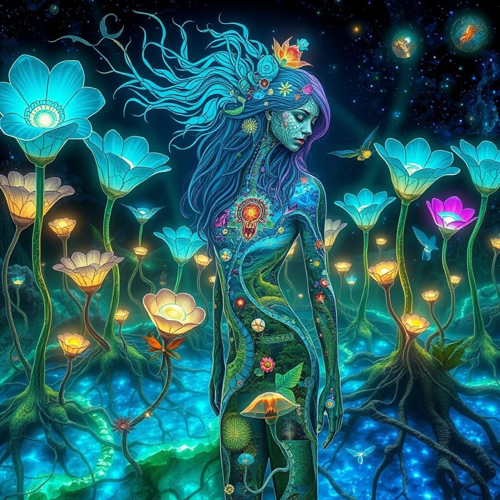 Bioluminescent Garden with Mirror Roots and Glowing Woman