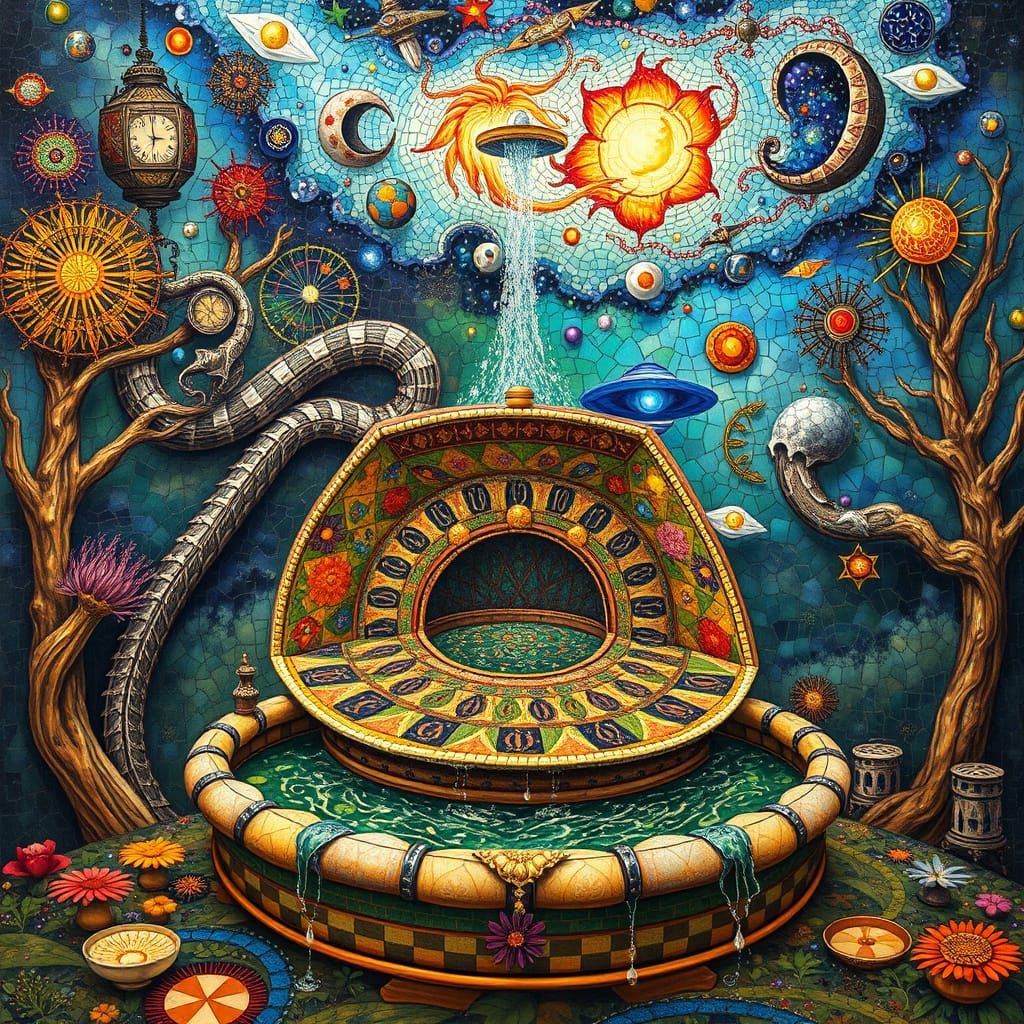 Psychedelic Utopia with Sacred Geometry Fountain