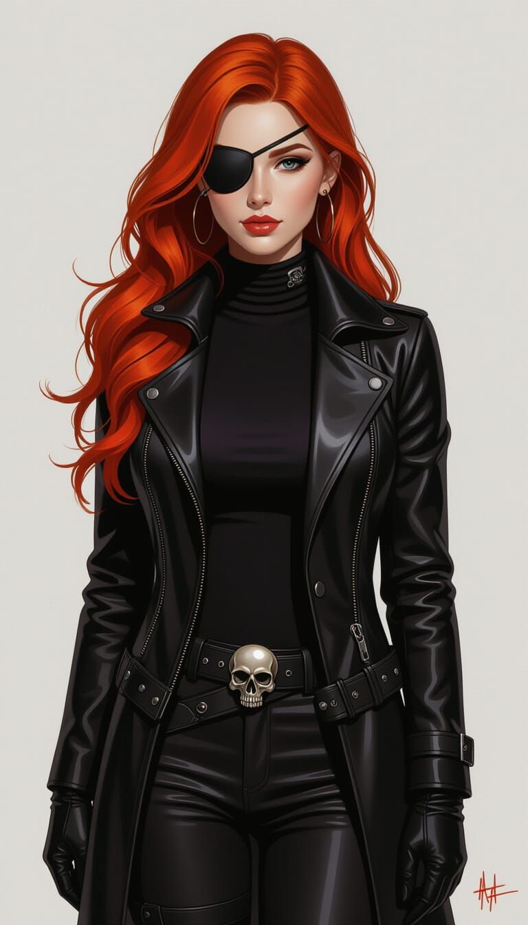 Red Haired Woman in Black Leather, Hyperrealistic Art