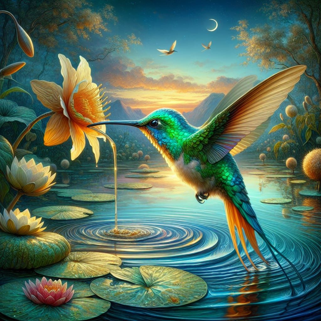 Emerald Hummingbird Sipping Nectar, Digital Painting