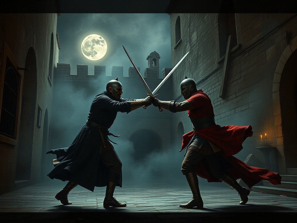 Swordsmen Duel in Misty Courtyard: Baroque Art