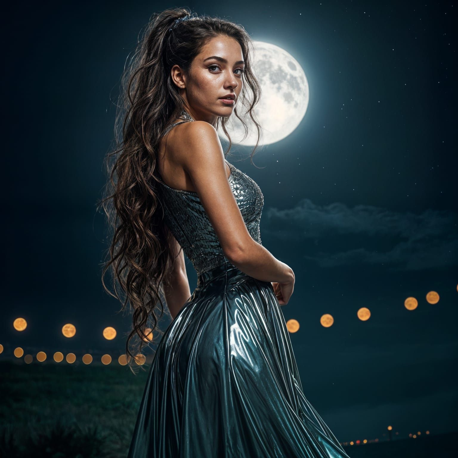 Woman in Metallic Dress Under Full Moon