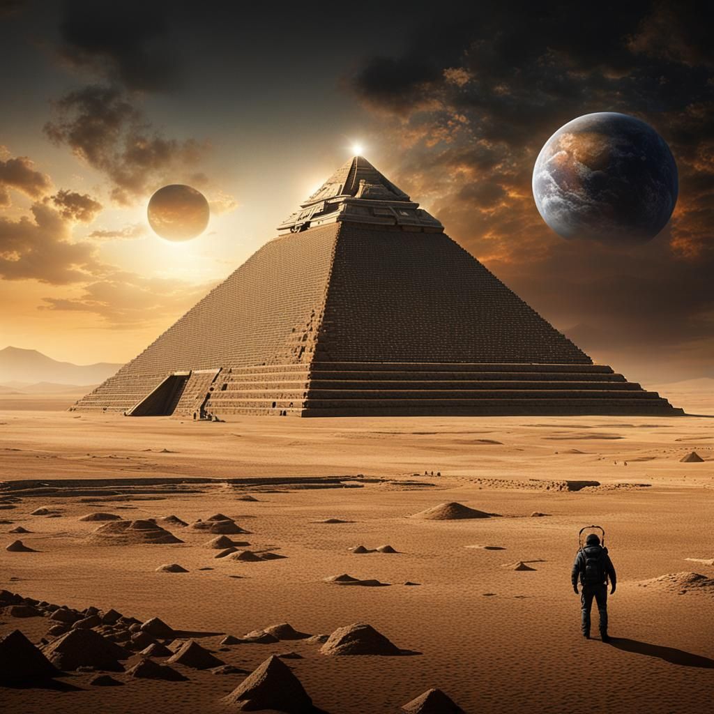 Pyramid with Alien Spaceship Landing on Top