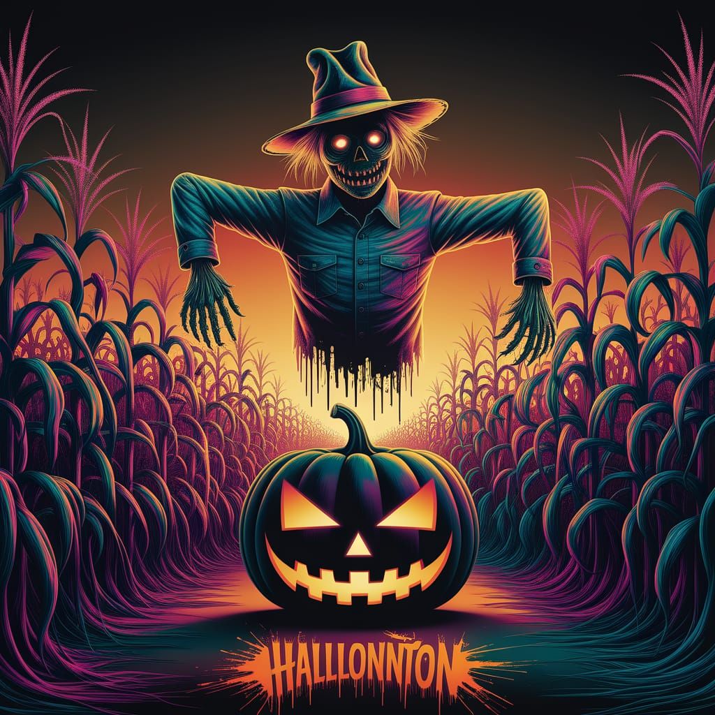 Spectral Scarecrow Haunts Labyrinth Corn Maze at Sunset