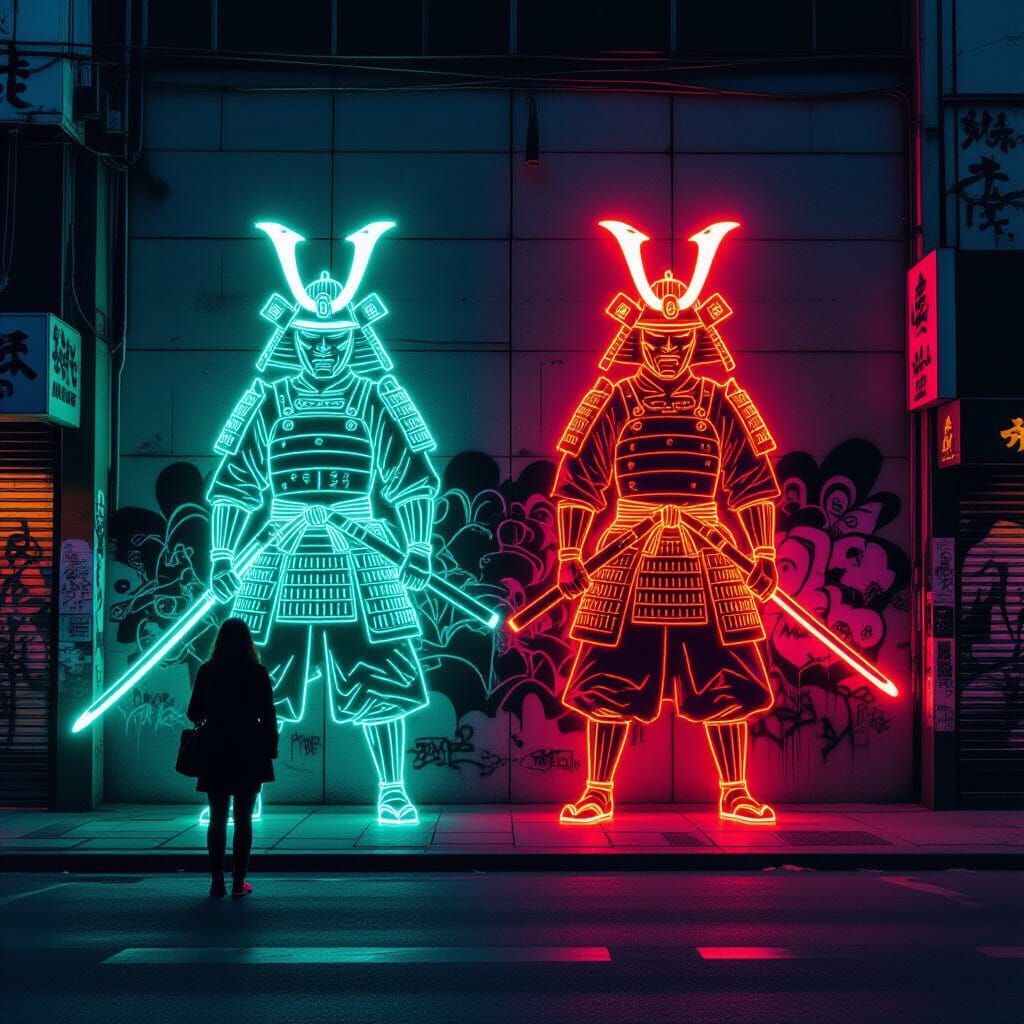 Neon Samurai Light Art in Vibrant Cityscape