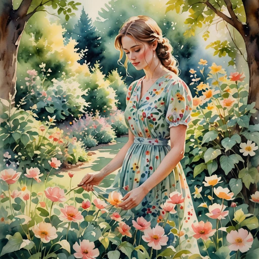 Woman Tending Garden in Watercolor Painting