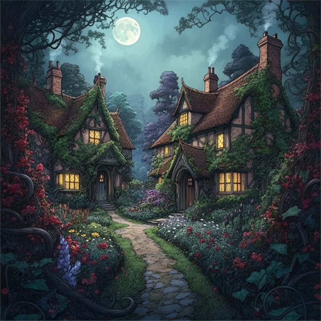 Whimsical Countryside Village under a Full Moon