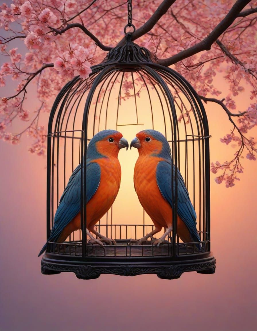 Lovebirds in Ornate Cage Amidst Blossoms, Romantic Goth Styl...