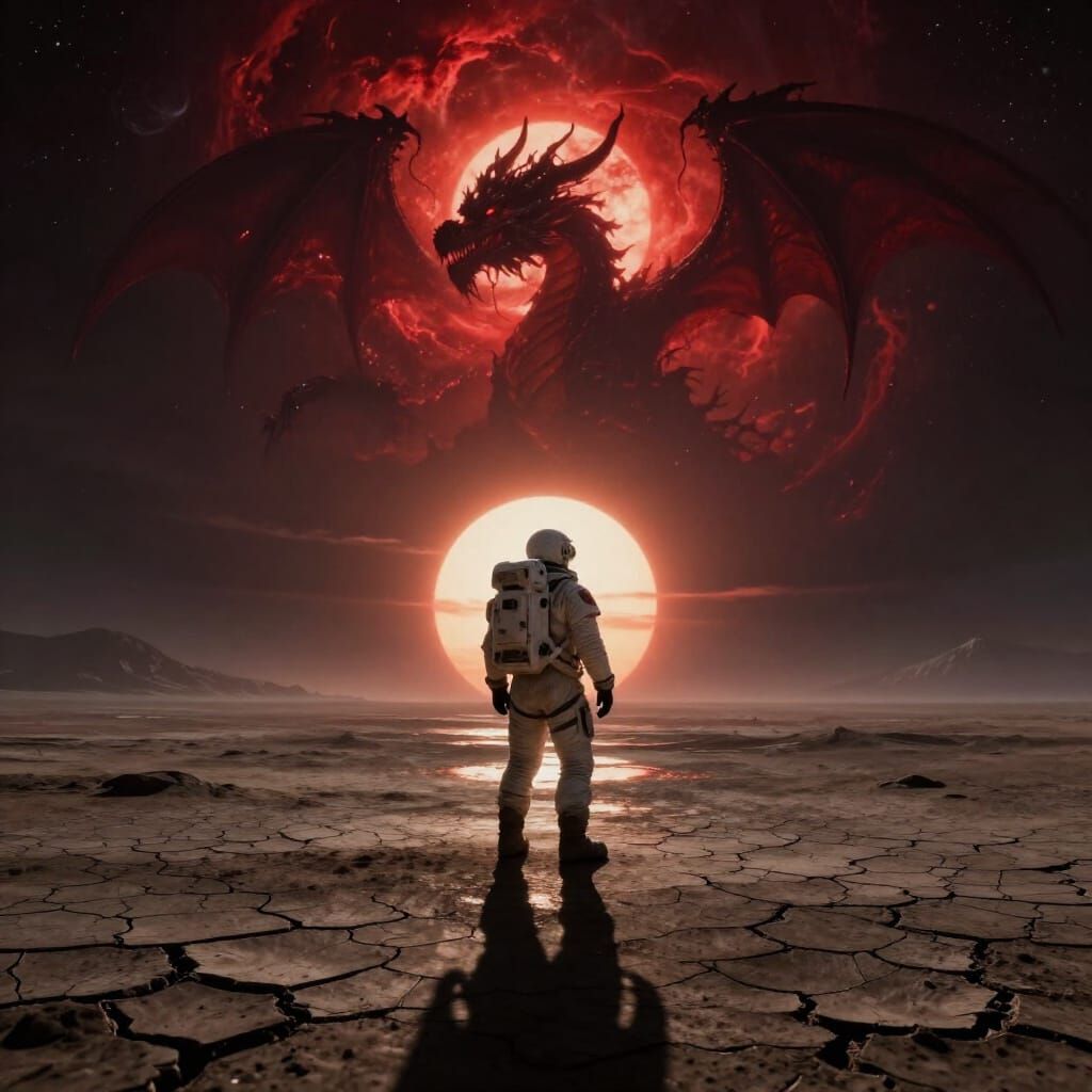 Astronaut Faces Cosmic Dragon in Alien Sky