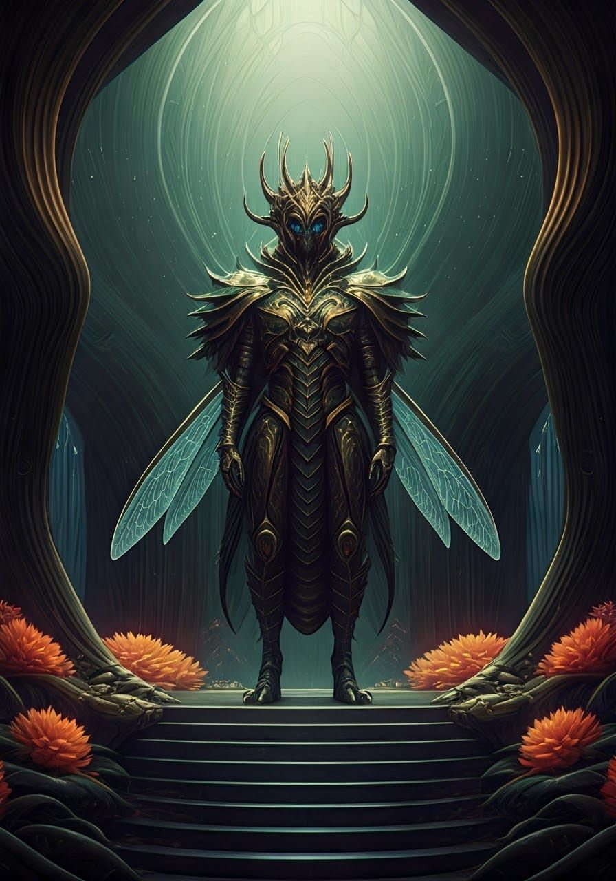 Regal Alien Emperor in Iridescent Armor Reigns Over Biolumin...