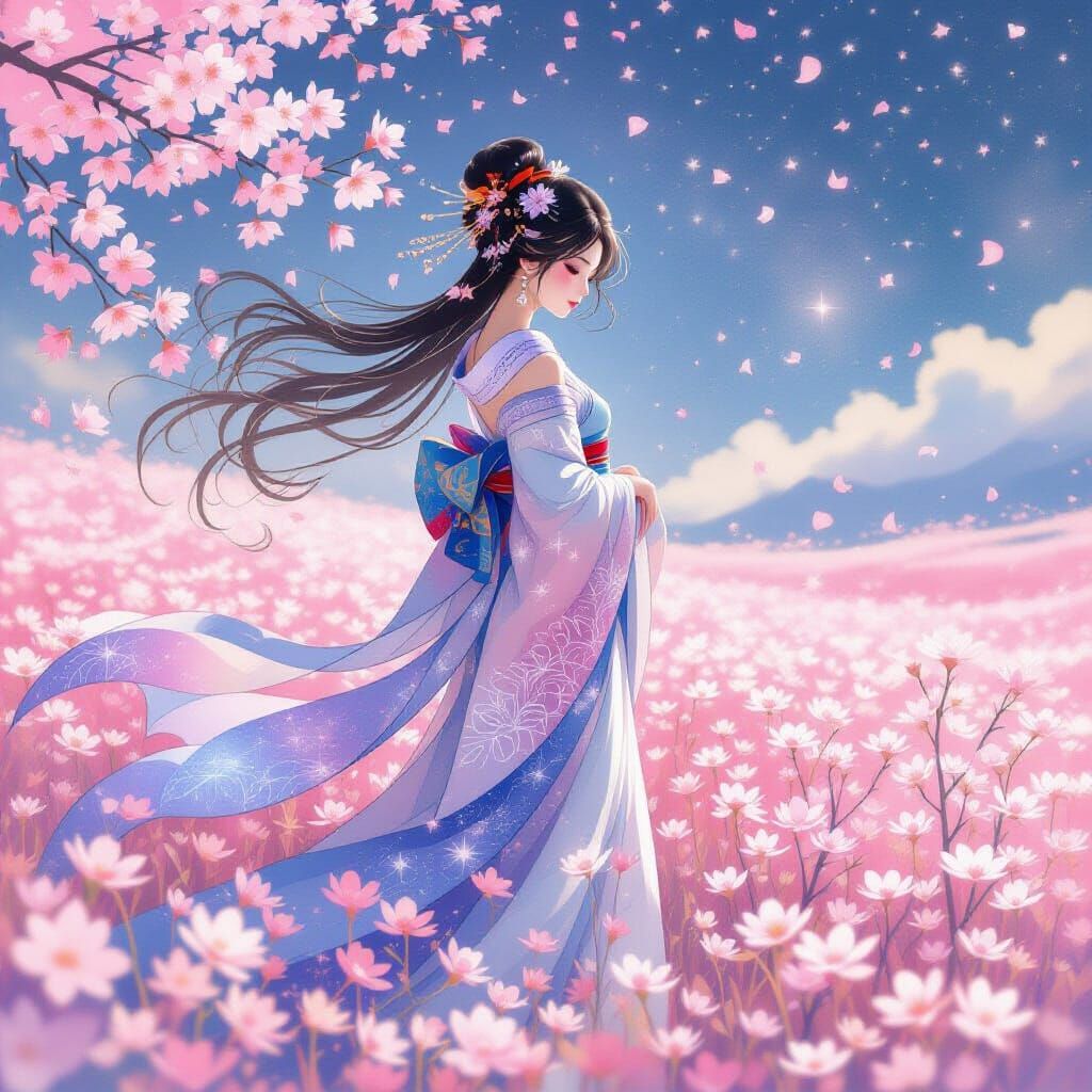 Celestial Geisha in Dreamy Watercolor Cherry Blossom Field