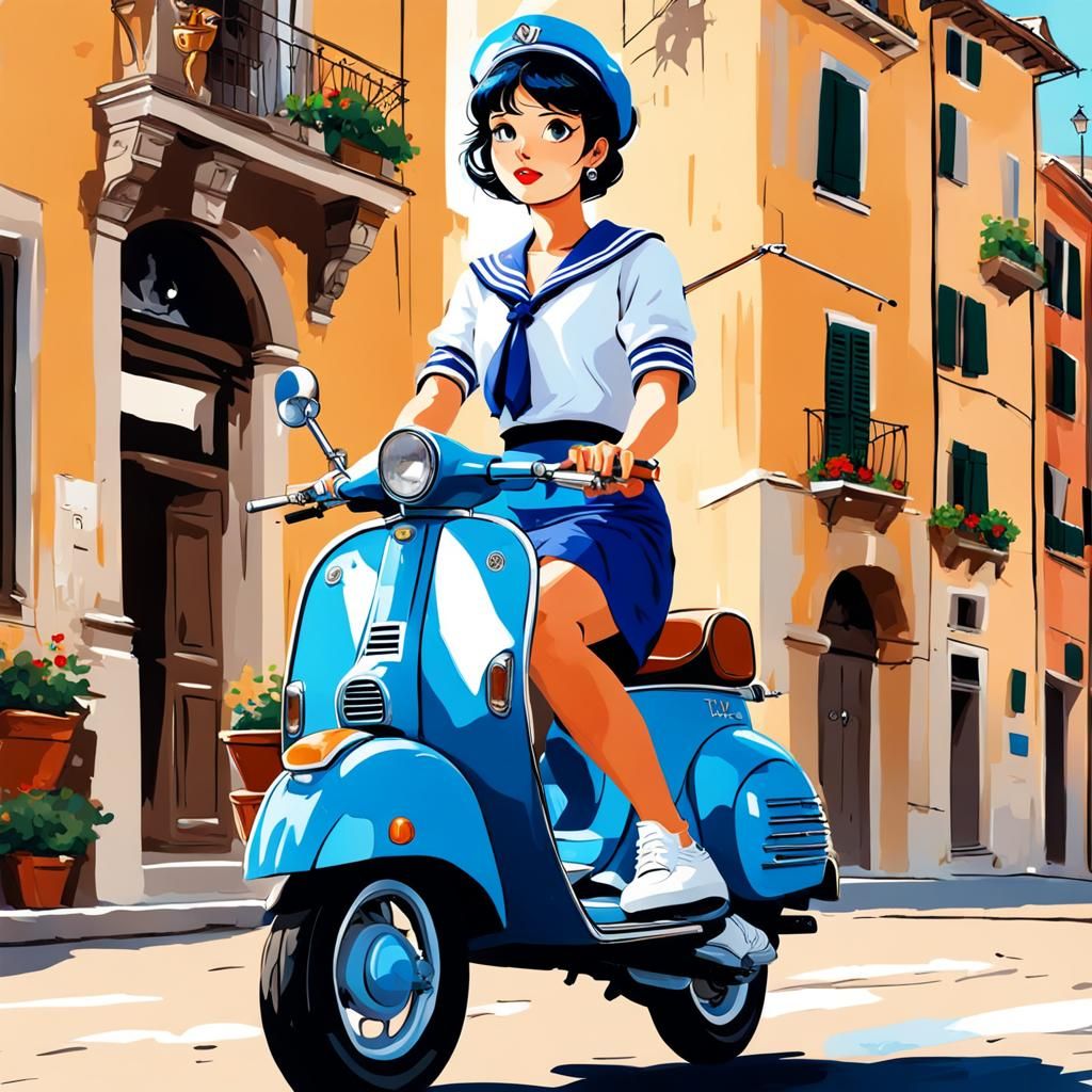 Sailor Mercury riding a Vespa.  Roman Holiday, sunshine, cas...